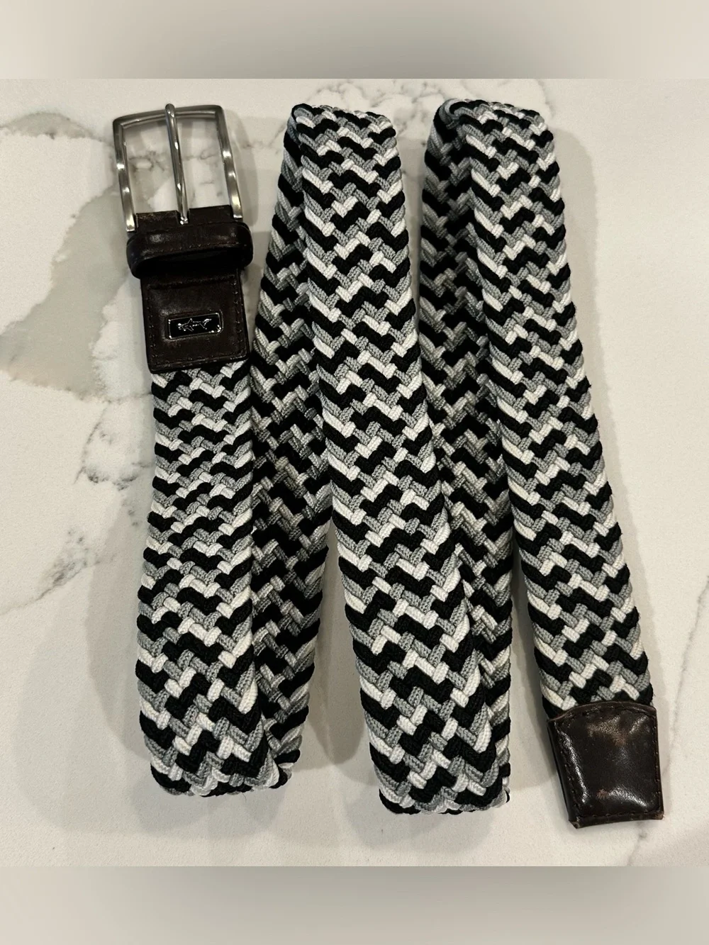Greg Norman Braided Stretch Golf Belt 44 Black White Gray Herringbone Leather